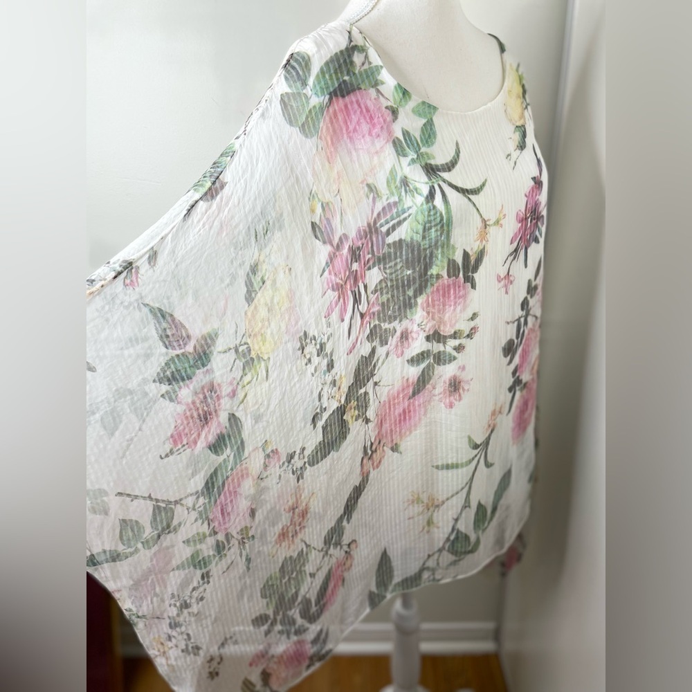 Made in Italy Silk Sheer Floral Overlay Cape Top - Picture 15 of 15